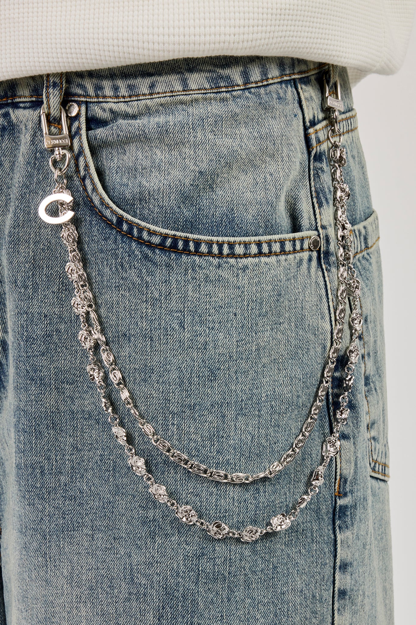 Denim Baggy Jort & 10mm C Branded Double Layer Rose Motif Jean Chain - Antique Wash